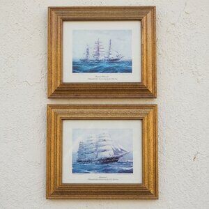 Vintage Jack Spurling Ship Lithograph Prints Gold Frames Nautical Maritime Pair